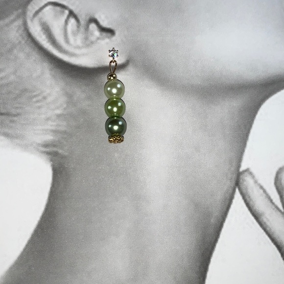 Made By Tina Jewelry - Hand Crafted Faux Green Pearl Dangle Cubic Zirconia Stud Post Earrings